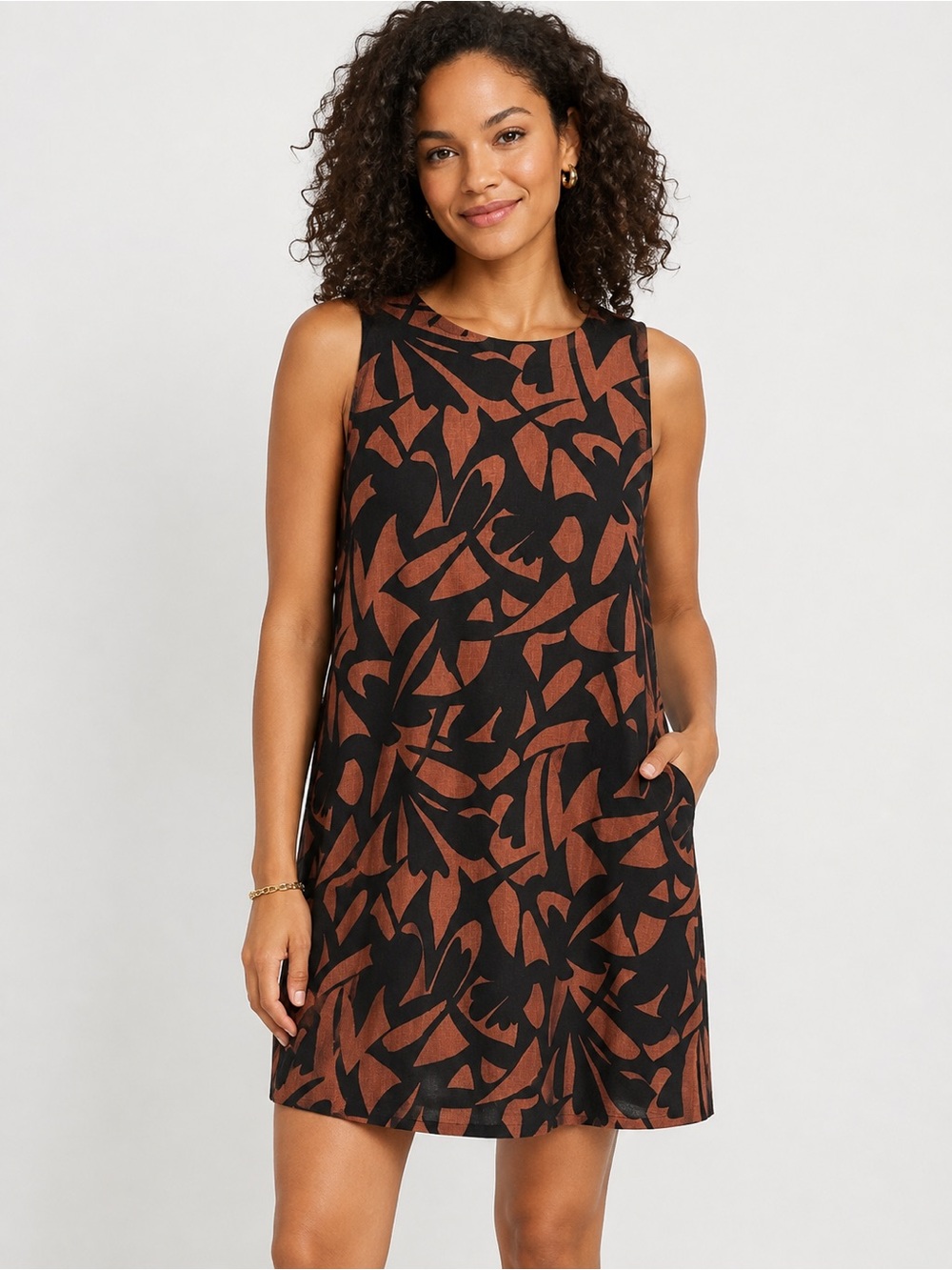 A New Day Brown Black Abstract Floral Sleeveless Shift Dress Size L NWT